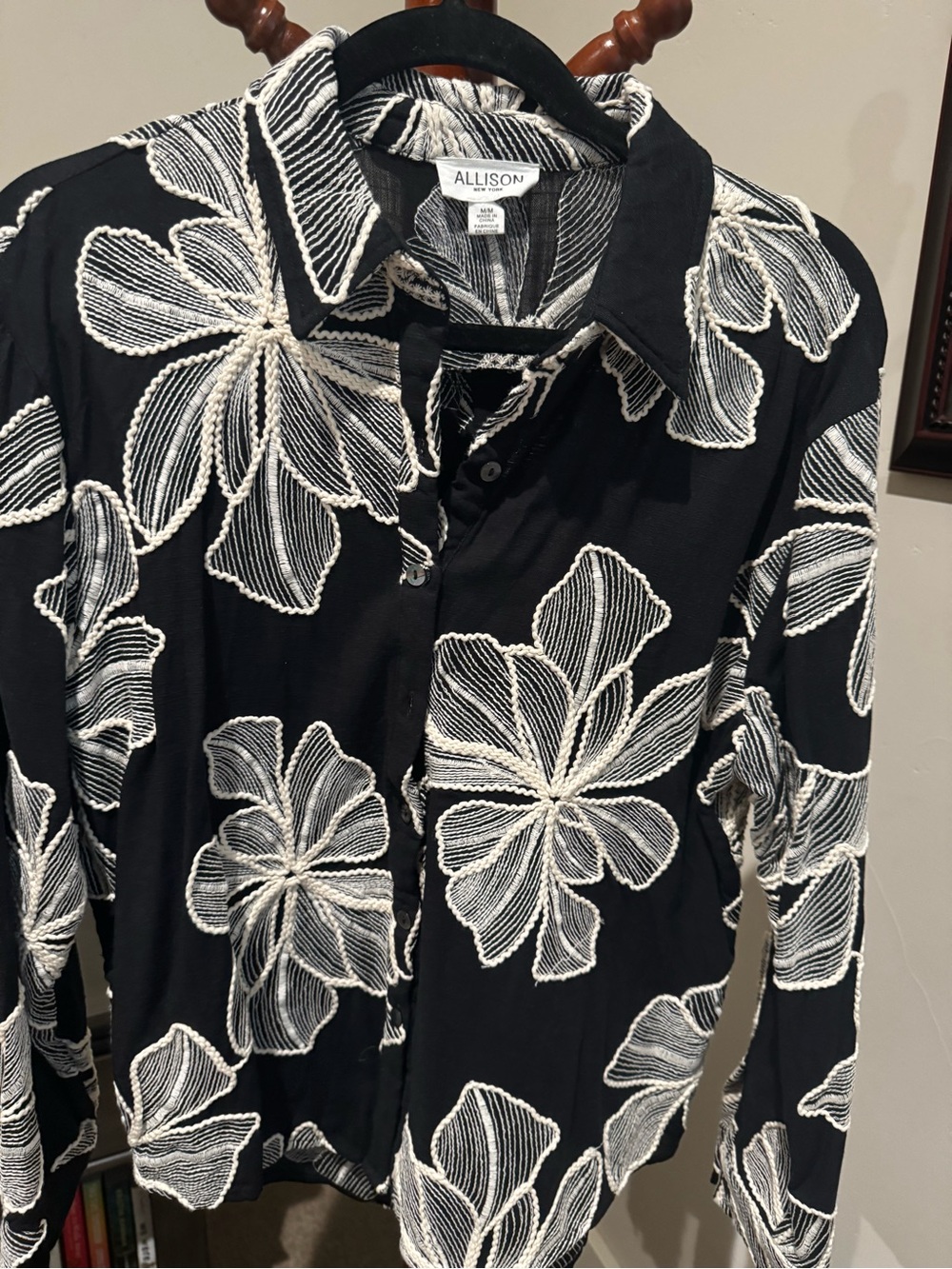 Black Floral-Embroidered Button Front Blouse